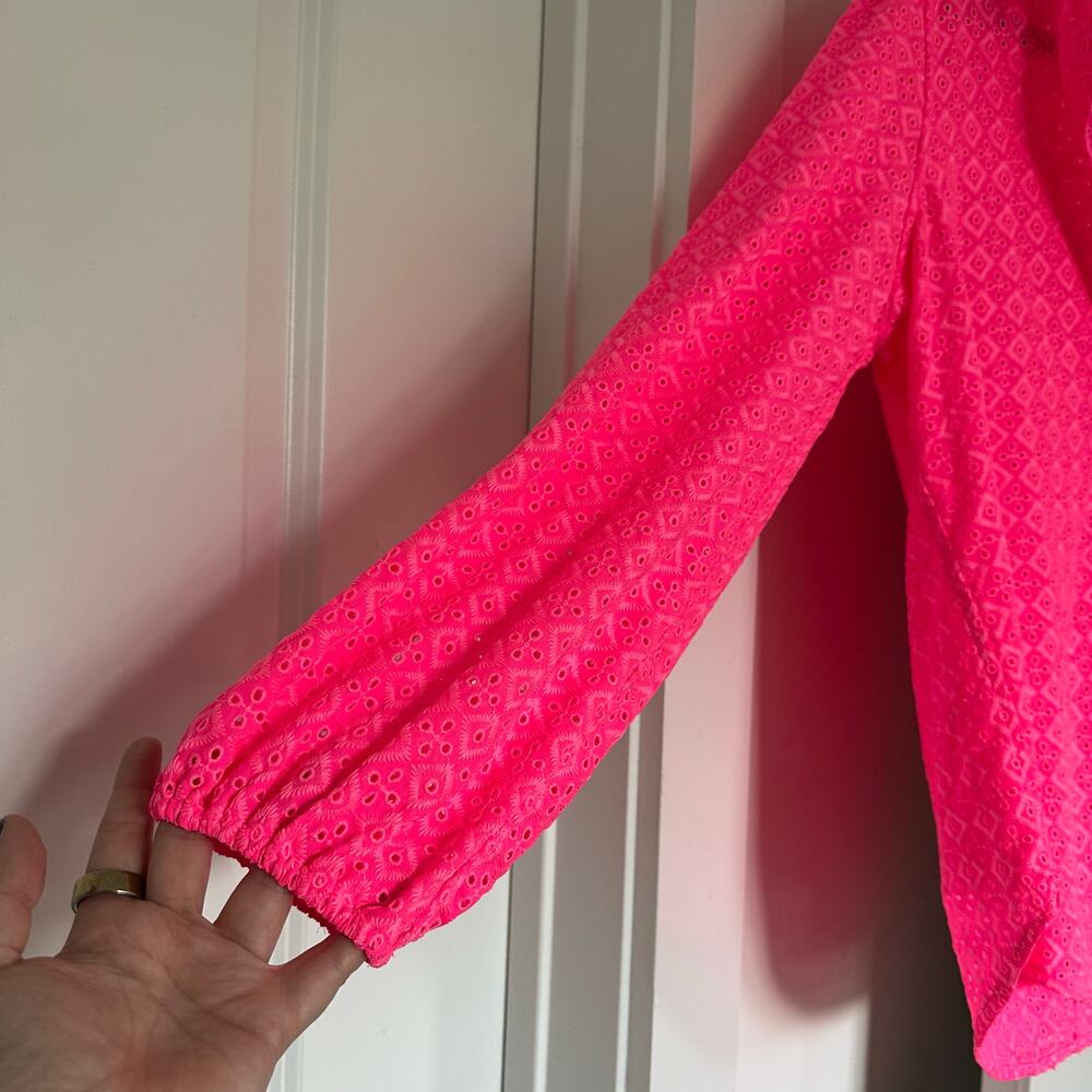Lilly Pulitzer L Bright Pink Sea Breeze Eyelet Button Down Blouse Preppy Coastal - Picture 3 of 6